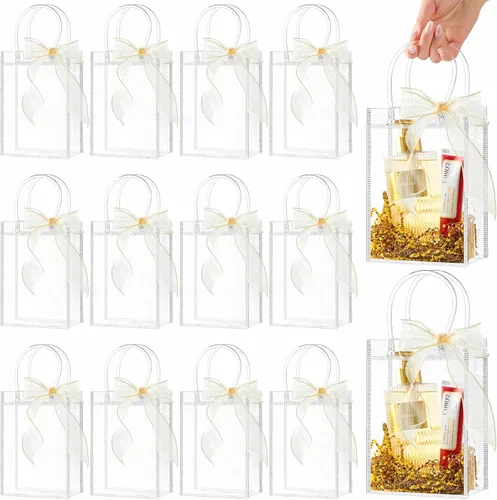 Vista 9 de Ohuimrt 20 bolsas de regalo de plástico transparente con asas, bolsas de recuerdo para fiestas reutilizables con cinta, bolsas de regalo