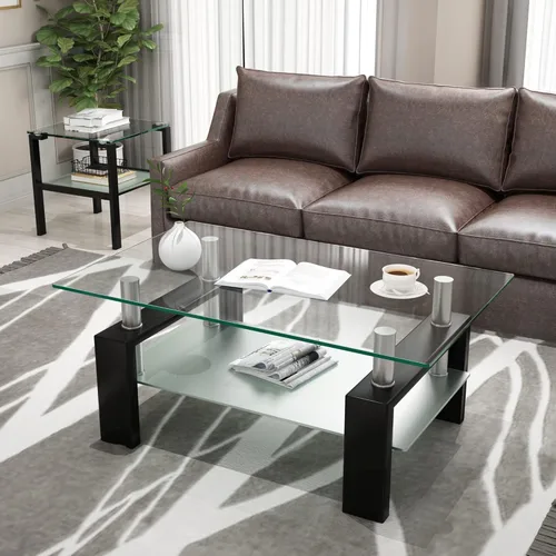 Vista 2 de Meihua Mesa de centro rectangular de vidrio de 2 niveles, mesa de centro lateral moderna para sala de estar, color negro