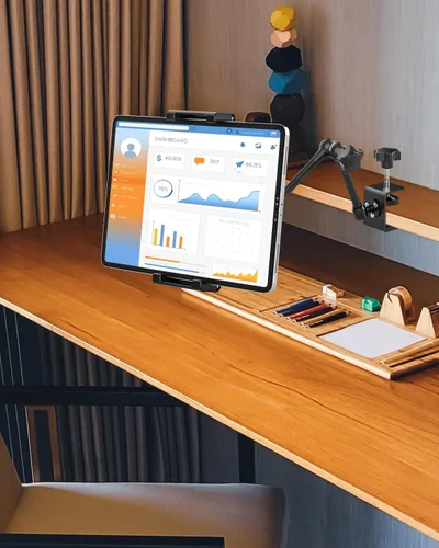 Vista 7 de Soporte de aluminio para tablet para soporte de escritorio, soporte de tableta [pequeño portátil] para cocina, clip de cama con abrazadera grande