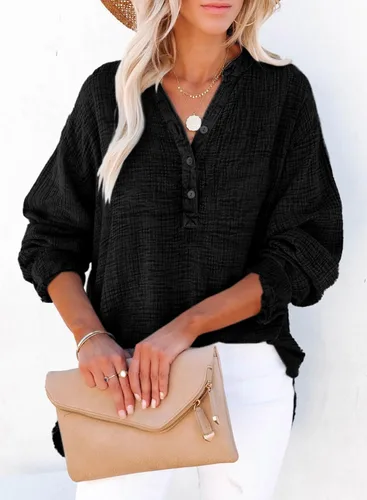Vista 3 de Dokotoo Camisas de manga larga con cuello en V y botones para mujer, blusas lisas de gran