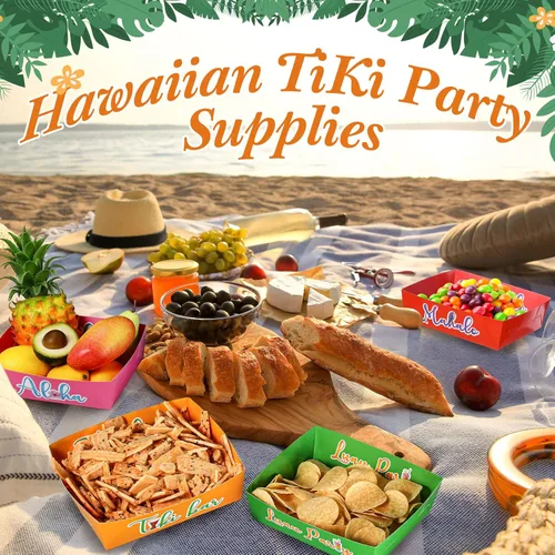 Vista 5 de Uiifan Paquete de 48 bandejas de papel para fiesta hawaiana Aloha de 5 libras de papel Tiki desechable, bandeja grande Luau para servir comida