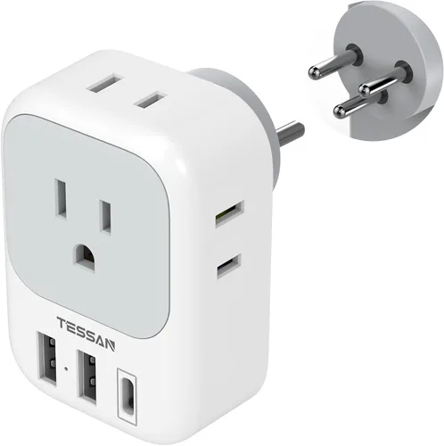 Vista 10 de TESSAN - Adaptador de corriente de viaje para Australia/Nueva Zelanda, 4 tomacorrientes de EE. UU., 3 cargadores USB (1 USB C), adaptador de enchufe