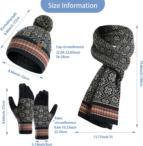 Vista 8 de 3 piezas de gorro de invierno bufanda y guantes para pantalla táctil para mujer, gorro de punto, gorro de cuello cálido, bufanda con forro polar