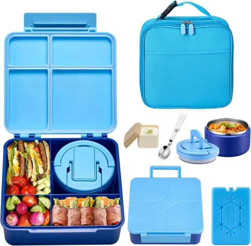 Vista 13 de Lonchera Bento con termo de sopa de 8 onzas, recipientes de comida para niños a prueba de fugas con 4 compartimentos con taza de salsa y bolsa