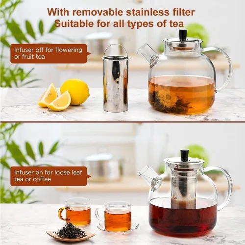 Vista 3 de Tetera de Vidrio con Infusor Extraíble, Ehugos 800ml (27OZ) Segura para Estufa Tetera Pequeña, Tetera Artesanal para Té Floreciente y de Hojas