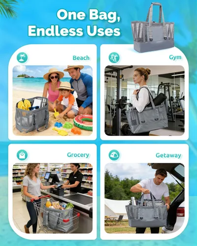 Vista 7 de Bolsa de playa de 50L con parte inferior impermeable y malla recubierta para playa, barco, piscina y deportes