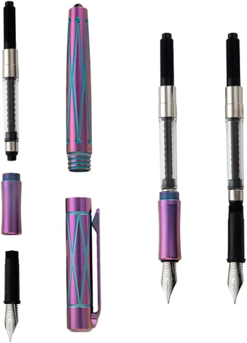 Vista 2 de TACRAY Pluma estilográfica de titanio con herramienta rompecristales, bolígrafo de lujo con punta B SCHMID fabricada en Alemania (sin tinta), pluma