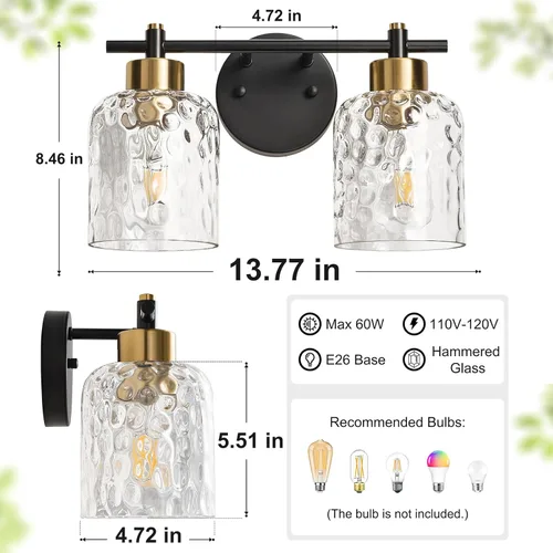Vista 6 de Accesorios de iluminación de baño de 2 luces negro y dorado, iluminación de tocador de granja sobre espejo con vidrio martillado, luces de tocador