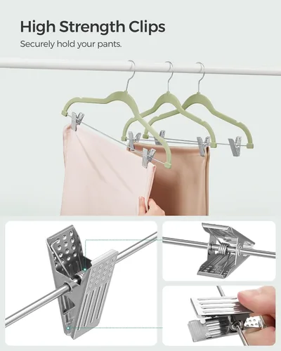Vista 7 de SONGMICS Paquete de 30 perchas para pantalones, perchas de terciopelo de 16.7 pulgadas de largo con clips ajustables, resistentes y antideslizantes