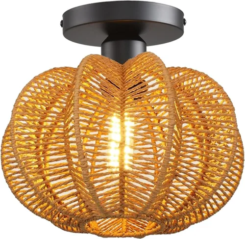 Vista 15 de Lámpara de Techo, Lámpara de Techo de Ratán Tejida a Mano de Montaje Empotrado, Lámparas de Techo Estilo Granja Montaje de Techo Boho para Pasillo