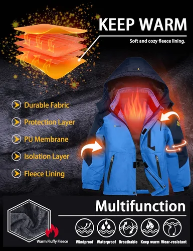 Vista 5 de GEMYSE Chaqueta de esquí impermeable para niño con capucha de forro polar resistente al viento, Nieve