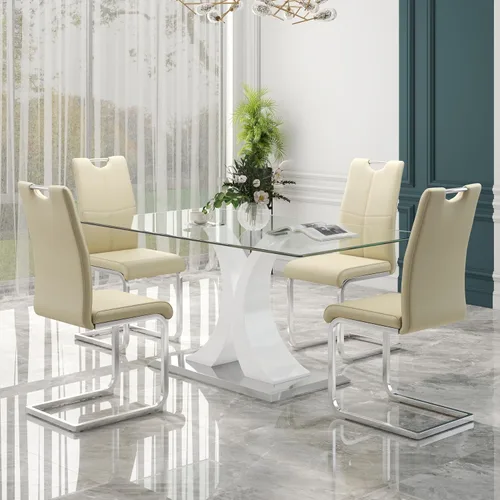 Vista 34 de Juego de comedor moderno de vidrio de lujo de 5 piezas, juego de cena rectangular minimalista grande para 4, juego de mesa de cocina de vidrio