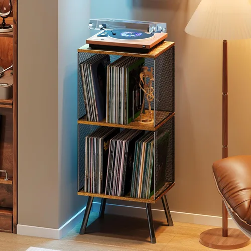 Vista 9 de X-cosrack - Soporte para tocadiscos con almacenamiento hasta 100 álbumes, soporte pequeño retro para discos de vinilo - Divisor ajustable