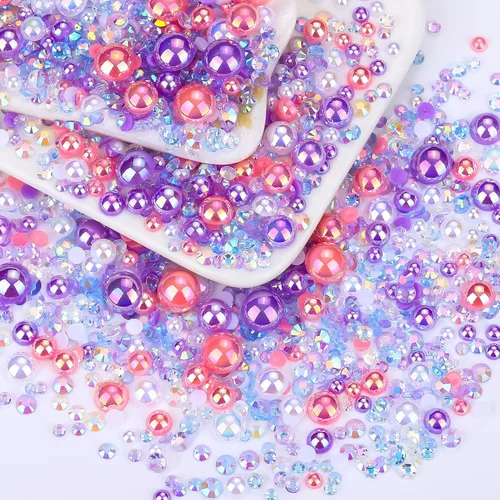 Vista 15 de 60g de perlas planas doradas con parte trasera de diamantes de imitación para manualidades, tamaño mixto de 3mm-10mm, color AB, redondas, cuentas