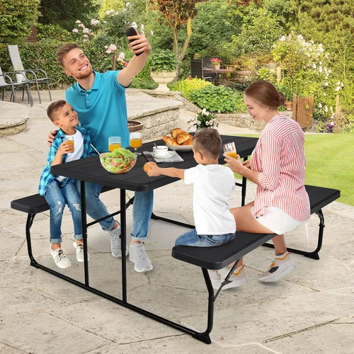 Vista 2 de GYMAX Mesa de pícnic, mesas de picnic plegables de 550 libras con bancos y asientos, resistente a la intemperie, mesa de picnic portátil de fácil