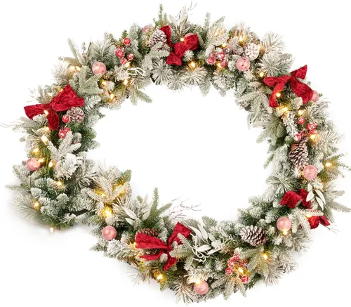 Guirnalda de Navidad con Nieve Artificial Preiliminada de 9 Pies, con Bayas y Lazos y 50 Luces, se Enchufa, Decoración Navideña para Chimenea,