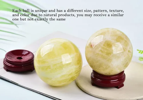 Vista 4 de AMOYSTONE Bola de cuarzo de limón Bola de piedra de cristal de cuarzo natural con base de madera