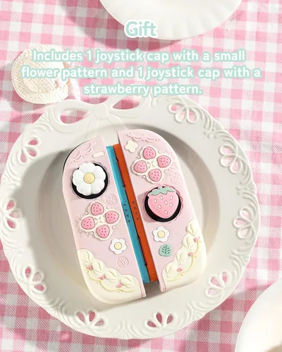 Vista 6 de GeekShare Strawberries with Cream Case Compatible with Switch 2, Slim Separable Soft Silicone Protective Shell with 2 Thumb Grip Caps - Pink