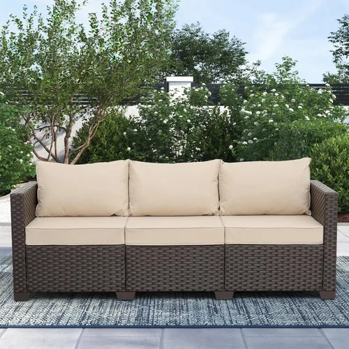 Rattan Star Muebles de exterior, sofá de 3 plazas, sofá de mimbre marrón para exteriores, asiento profundo, respaldo alto, sofá de patio con cojines