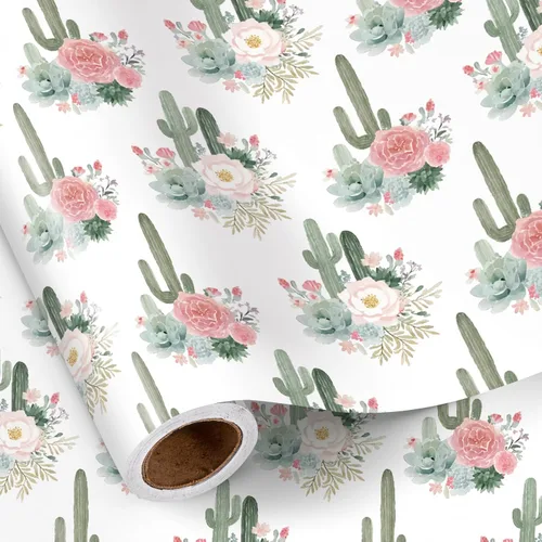 RUSPEPA - Rollo de papel de regalo con diseño floral de cactus, mini rollo, elegante diseño de cactus y rosas, papel de regalo suave en rosa y verde