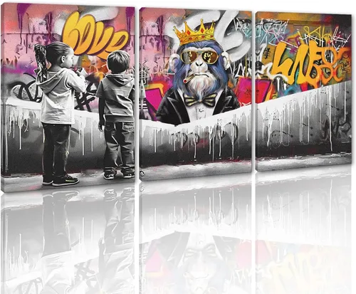 Vista 9 de Pintura de graffiti de árbol de la suerte sobre lienzo, 3 paneles, arte abstracto de árbol de deseos, póster impreso para sala de estar, dormitorio