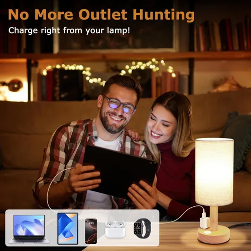 Vista 2 de Lámpara pequeña de mesa de noche con toma de corriente AC, base de madera natural y pantalla de lino, mini lámpara boho linda y acogedora de mesita