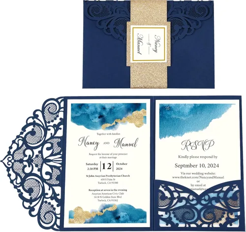 Vista 9 de DORIS HOME 50 invitaciones de boda cortadas con láser con sobres y tarjetas RSVP personalizadas interior con purpurina dorada para el vientre