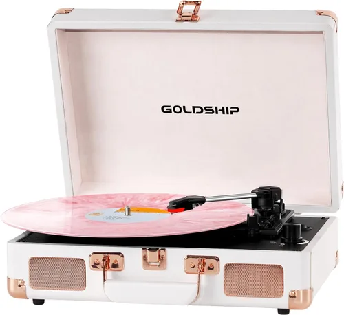 Vista 9 de Tocadiscos de vinilo portátil de 3 velocidades con Bluetooth con batería recargable, diseño retro de maleta, salida de línea Aux in/RCA y puertos