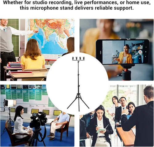 Vista 7 de Gugxiom Soporte de piso para 4 micrófonos, soporte de micrófono ajustable de aluminio, con trípode plegable, para transmisión, podcasting, grabación