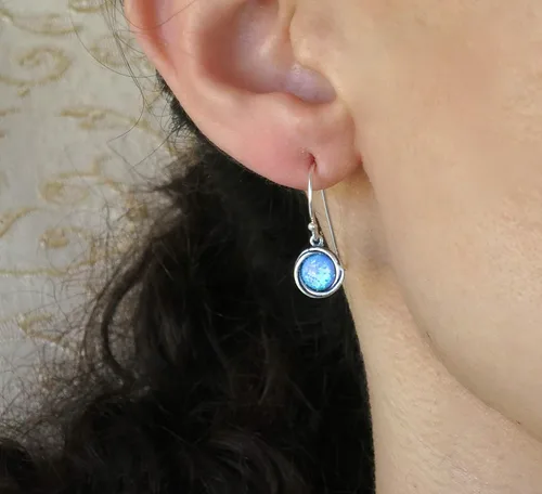 Vista 9 de Opal Earrings, Sterling Silver Dangle Earrings for women, Small round Blue Opal silver dangle earring, October Birthstone, Simple Opal earrings