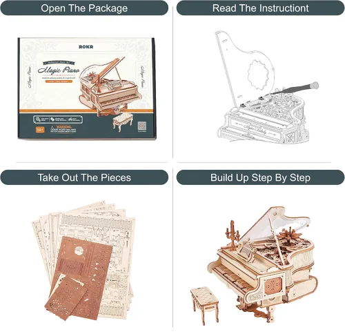 Vista 9 de ROKR Rompecabezas de madera 3D para adultos, 223 piezas, kit de modelo de piano a escala 1:20, rompecabezas de construcción, caja de música