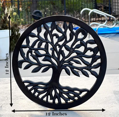 Vista 4 de DharmaObjects Decoración de pared de madera hecha a mano del árbol de la vida, arte colgante (negro)