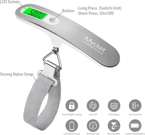 Vista 4 de Mycket Báscula de equipaje digital portátil, báscula electrónica para maleta, báscula para colgar, báscula de pesaje de equipaje, 110 libras