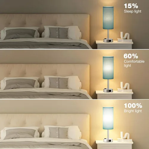 Vista 5 de Fenmzee Lámpara de mesa de noche turquesa para dormitorio, lámpara táctil regulable de 3 vías, puertos de carga USB A y C y salida de CA, lámpara