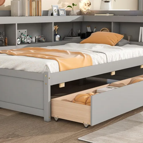 Vista 6 de Quarte Elegante cama de plataforma con estanterías en forma de L, cama de plataforma de madera tamaño individual con 2 cajones de almacenamiento