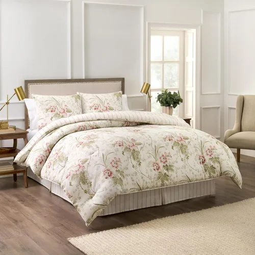 Vista 24 de Waverly Forever Peony - Juego de edredón de 4 piezas, 100% algodón, estampado floral de bayas, tamaño matrimonial/queen, con 2 fundas de almohada
