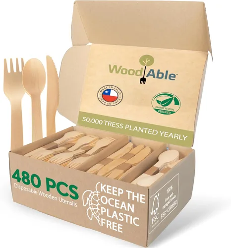 Vista 11 de Juego de cubiertos de madera desechables – 100% compostable para el hogar – Mezcla 300 (120 tenedores, 120 cucharas y 80 cuchillos) 6.5
