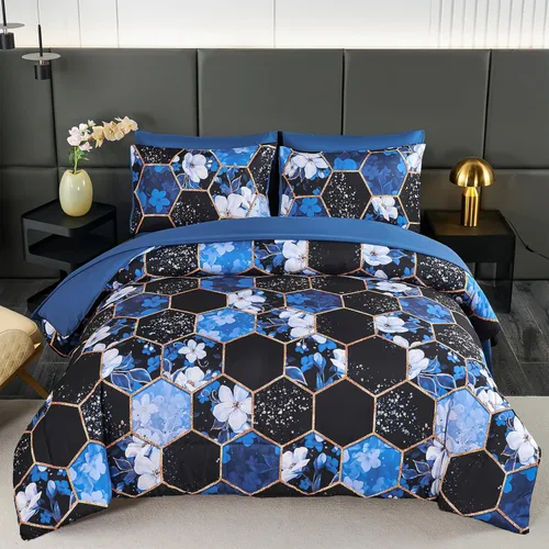 Vista 10 de ZRNBAST Juego de edredón de 7 piezas, tamaño matrimonial, color gris claro, panal de abeja, para todas las estaciones, con estampado hexagonal