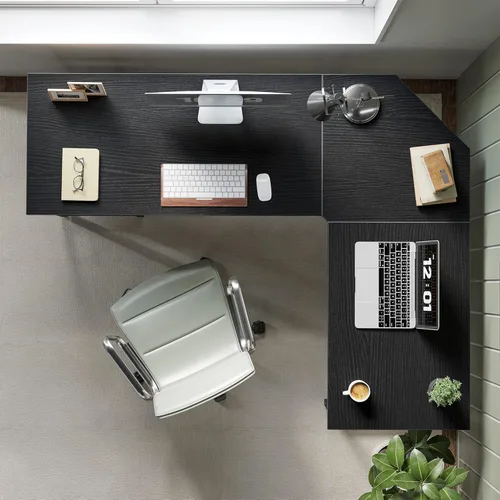 Vista 34 de CubiCubi Escritorio en forma de L de 59 pulgadas con puertos de carga USB y luces LED, escritorio de esquina para computadora con cajón y estante