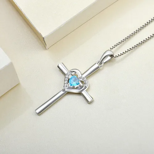Vista 5 de YL Collar de cruz de corazón de plata de ley con colgante de crucifijo de gemas para mujer