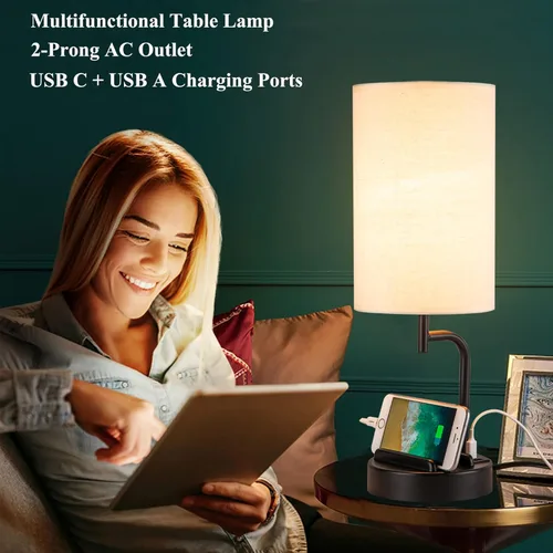 Vista 4 de Dreamholder Lámpara de mesa USB con control táctil, lámpara de escritorio regulable de 3 vías con puertos de carga USB C y A y salida de CA, lámpara