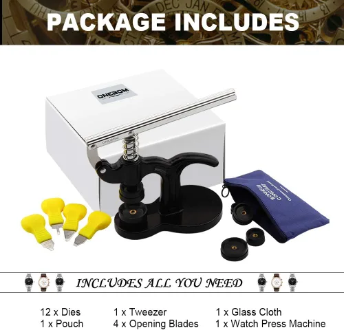 Vista 7 de ONEBOM Juego de herramientas para prensa de reloj, kit de reparación de relojes profesional con todo, para varios tipos de reloj
