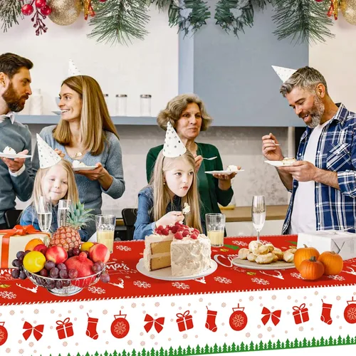 Vista 7 de Paquete de 3 manteles de Navidad, manteles de Navidad desechables de plástico rectangulares de 54 x 108 pulgadas, árbol de Navidad, copo de nieve