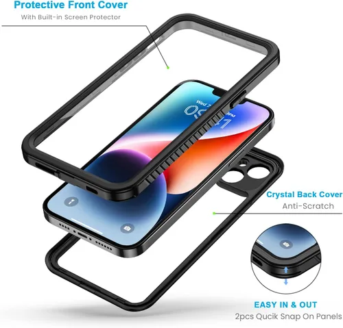 Vista 3 de Lanhiem Funda para iPhone 14, impermeable IP68 a prueba de polvo con protector de pantalla integrado, resistente a prueba de golpes de cuerpo Negro