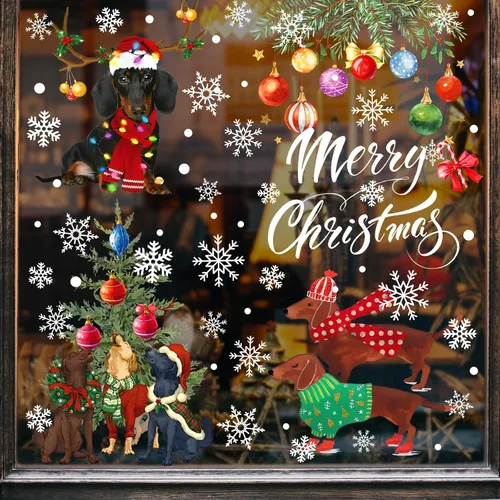Vista 4 de AnyDesign - 76 calcomanías navideñas para ventana, perros, árboles, bolas de Navidad, calcomanías coloridas para decoración de espejos de cristal