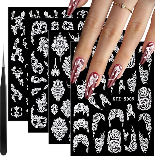 Vista 9 de Calcomanías de uñas con flores 5D para arte de uñas, 3 hojas de calcomanías de uñas en relieve, calcomanías autoadhesivas, calcomanías de arte