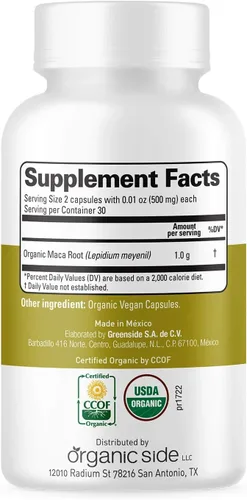 Vista 2 de Organic Side Cápsulas de maca Certificado USDA orgánico, sin OMG, vegano 60 cápsulas de energía Equilibrio hormonal y vitalidad Suplemento