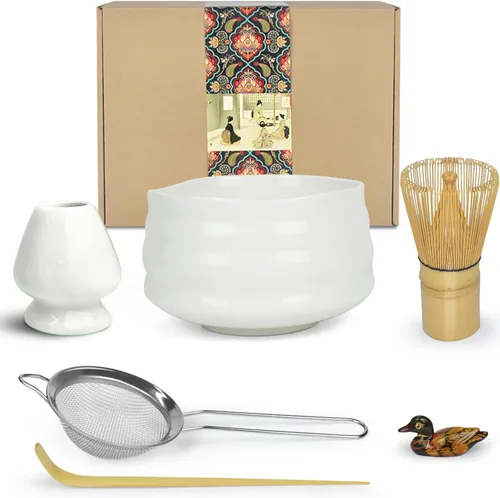 Vista 10 de Artcome Kit de ceremonia de matcha para ceremonia de té japonesa, cuenco tradicional de matcha, batidor, cuchara de té, colador de polvo matcha