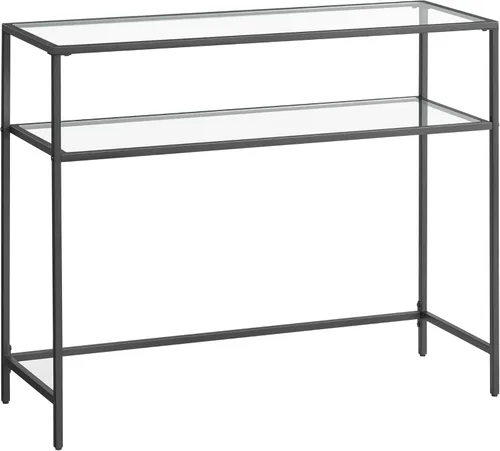 VASAGLE ULGT025B01 - Mesa de sofá de 39.4 pulgadas, mesa de entrada moderna, mesa de vidrio templado, marco de metal, 2 estantes, pies ajustables,