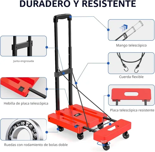 Vista 3 de SPACEKEEPER - Carrito de mano plegable, carrito de equipaje resistente de 500 libras, carrito de plataforma utilitario con 6 ruedas y 2 cuerdas